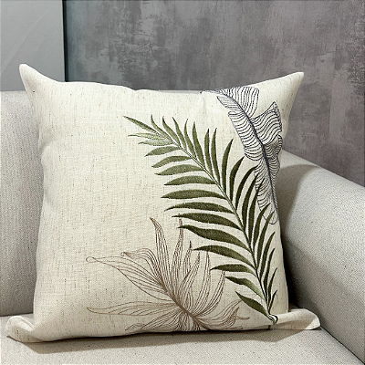 Capa Para Almofada Bordada Folhas Tropicais Verde e Linho 45x45