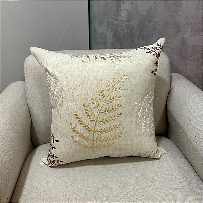 Capa Para Almofada  Bordada Folha Dourada e Marrom 45x45
