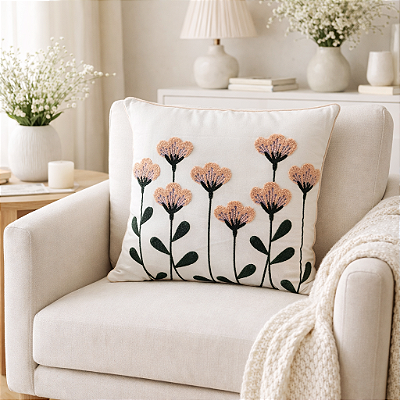 Capa de Almofada 45x45cm Bordada Artesanal Decoração Flores Salmão