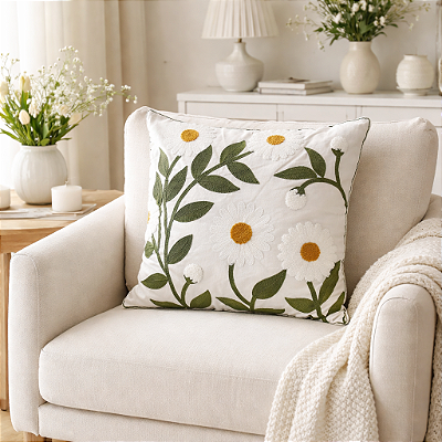 Capa de Almofada 45x45cm Bordada Artesanal Decoração Margarida