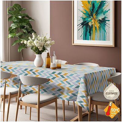 Toalha de Mesa Termica 1,40 de Largura -  Chevron Clean Azul e Mostarda