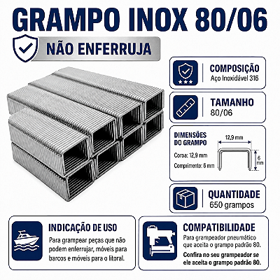 Grampo INOX 80/06 caixa com 750 grampos, não enferruja