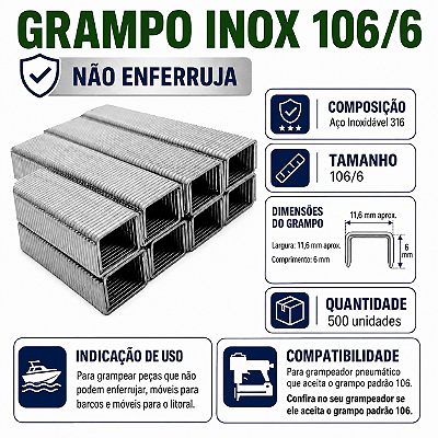 Grampo INOX 106/6 caixa com 500 grampos, não enferruja