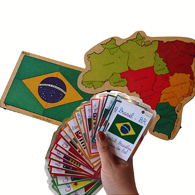 KIT Mapa do Brasil + Bandeira + Cards Capitais Brasil