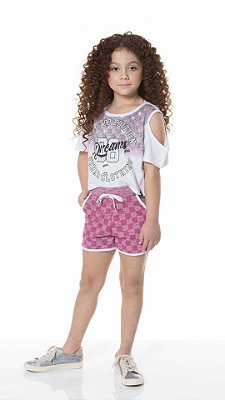 Conjunto Feminino Short e Cropped de Manguinha Xadrez - Atacado 44.