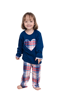 Ref. 5029 - Pijama Infantil feminino longo em malha xadrez - azul marinho