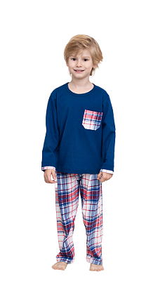 Ref. 5030 Pijama infantil masculino longo em malha xadrez -  azul marinho