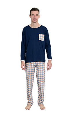 Ref. 5055 Pijama masculino longo em malha xadrez - Azul marinho