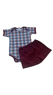 Ref. 4017 Pijama bebê curto - xadrez - vinho