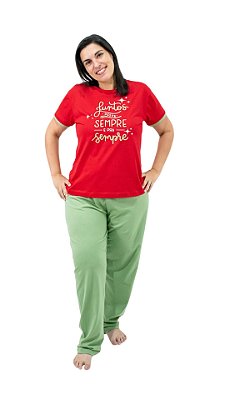 Ref. 3015 Pijama feminino manga curta com calça em malha - Sempre juntos (Vermelho)