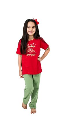 Ref. 3017 Pijama infantil feminino manga curta com calça em malha - Sempre juntos (Vermelho)
