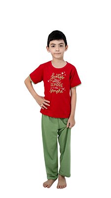 Ref. 3018 Pijama infantil masculino manga curta com calça em malha - Sempre juntos (Vermelho)