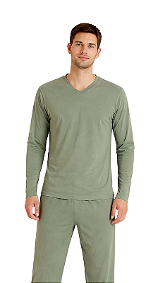 Ref. 9004 Pijama Masculino Longo Liso Verde Oliva em algodão