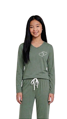 Ref. 1159 Pijama feminino juvenil longo - verde oliva