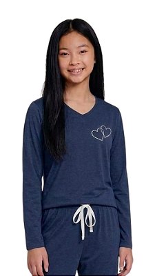 Ref. 1158 Pijama feminino juvenil longo - azul marinho