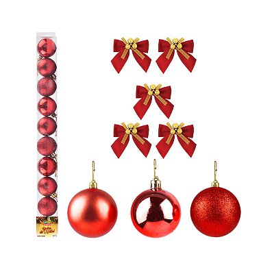 Kit 5 Laços e 10 Bolas Vermelhas P/ decoração de natal