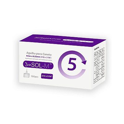 Agulha Caneta de Insulina 5mm (0,25mm - 3/16 - 31G) Sol M