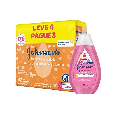 Kit Lenço umedecido e Shampoo Gotas de Brilho Johnsons