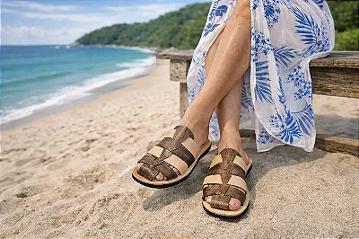 Mule Xique-Xique em tiras de couro Marrom e Bege