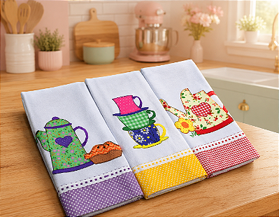 Kit 3 Panos de Prato Bordado Patchwork Qualidade Premium Pano de Prato Grande