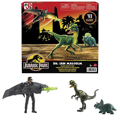 CONJUNTO FUGA DE ASA DELTA COM IAN MALCOLM E DILOPHOSAURUS 93 CLASSIC MATTEL JURASSIC PARK