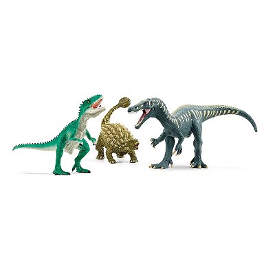 ATAQUE DO TRIO DE DINOSSAUROS SCHLEICH CONJUNTO TRÊS DINOS ANKYLOSAURUS GIGANOTOSAURUS BARYONYX MINIATURA BRINQUEDO