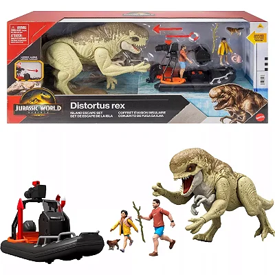 CONJUNTO DE FUGA DA ILHA COM DISTORTUS REX E DOLORES MATTEL JURASSIC WORLD REBIRTH DINOSSAURO ARTICULADO