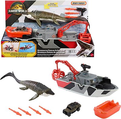 CONJUNTO MOSASAURUS E DINO BARCO MATTEL JURASSIC WORLD REBIRTH MATCHBOX