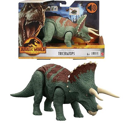 TRICERATOPS MATTEL 2022 VERDE E MARROM ROAR STRIKERS JURASSIC WORLD DOMINION RUGE E ATACA