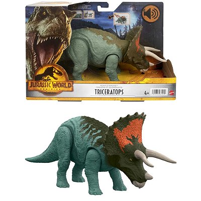 TRICERATOPS MATTEL 2022 VERDE E LARANJA ROAR STRIKERS JURASSIC WORLD DOMINION RUGE E ATACA