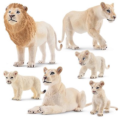 CONJUNTO DE 6 LEÕES BRANCOS TOYMANY FIGURAS DE FELINOS REALISTAS MINIATURAS COLECIONÁVEIS