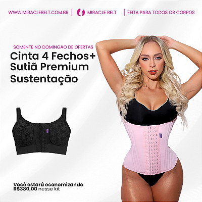 Kit - Cinta Faixa 4 fechos ROSA + Sutiã Premium Sustentação