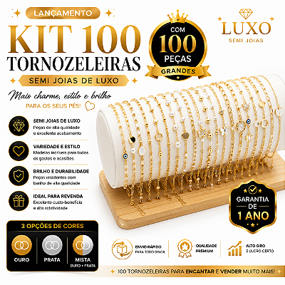 KIT 100 TORNOZELEIRAS FEMININAS ATACADO | OURO PRATA OU MISTA | SEMI JOIAS PARA REVENDA | SUPER ATACADO | GARANTIA 1 ANO