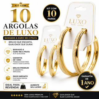 kit de 10 Brincos de Argolas de luxo banhado a Ouro e Prata