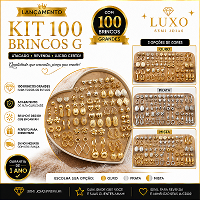 KIT 100 BRINCOS GRANDES FEMININOS ATACADO | OURO PRATA OU MISTA | SEMI JOIAS PARA REVENDA | SUPER ATACADO | GARANTIA 1 ANO