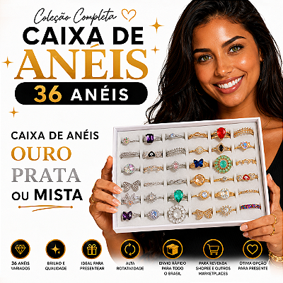 Caixa com 36 Anéis para Revenda - Banhados a Ouro 18k e Prata 925 - Joias de Alta Qualidade e Lucrativas