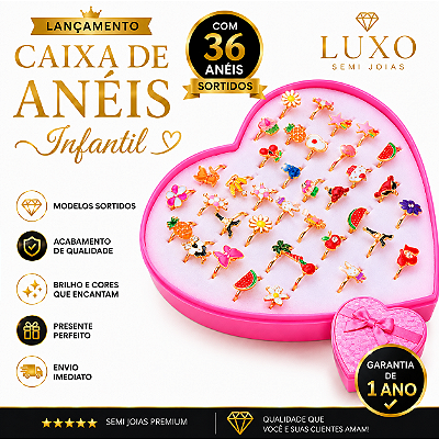 CAIXA COM 36 ANÉIS INFANTIS SORTIDOS – O PRESENTE QUE TODA MENINA VAI AMAR! ✨