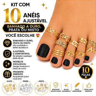 Mega Kit De 10 Aneis De Pé Ajustavel E Bem Variadinho Banhado A Ouro 18k Ou Prata 925 Com Garantia De 1 Ano Prata