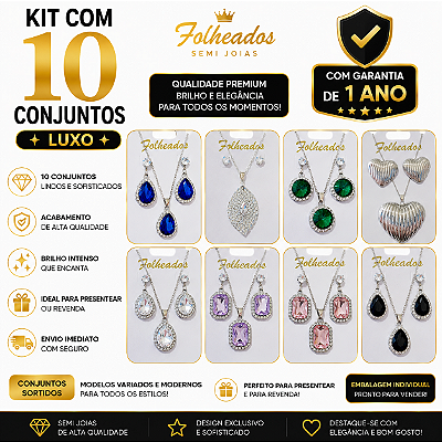 10 Kits de Colar e Brinco - Qualidade Superior, Folheado a Ouro e Prata
