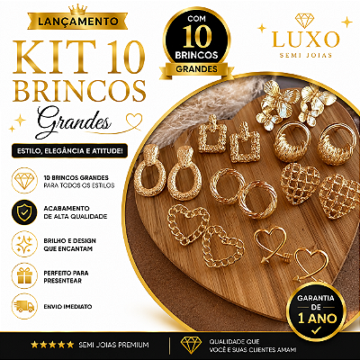 KIT COM 10 BRINCOS PREMIUM GRANDES – IDEAL PARA REVENDA-OURO/PRATA/MISTO