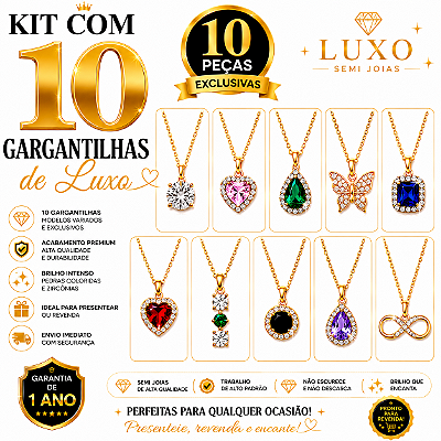 KIT COM 10 GARGANTILHAS DE LUXO SORTIDAS | PEDRAS COLORIDAS | SEMI JOIAS PREMIUM | GARANTIA DE 1 ANO