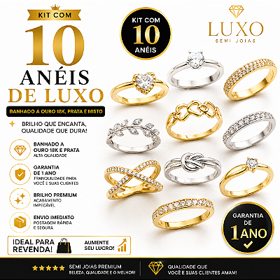 Kit 10 Anéis Femininos Folheados a Ouro 18K e Prata para Revenda