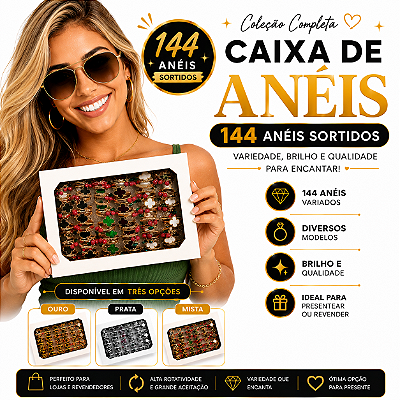 Caixa com 36 Anéis para Revenda - Banhados a Ouro 18k e Prata 925 - Joias de Alta Qualidade e Lucrativas