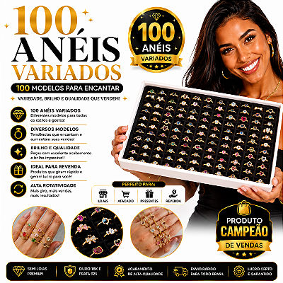 KIT 100 ANÉIS FEMININOS SORTIDOS | OURO, PRATA OU MISTA | COM PEDRAS COLORIDAS | SEMI JOIAS PARA REVENDA | GARANTIA DE 1 ANO