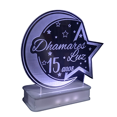 Topo de Bolo Led Personalizado Lua e Estrelas