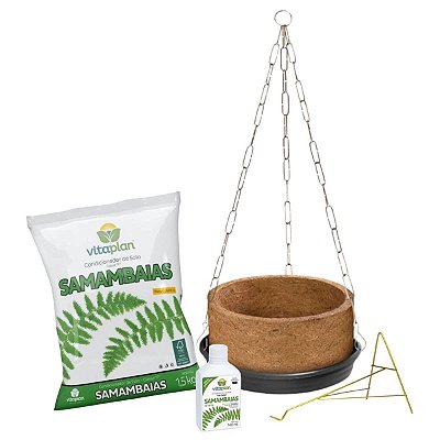 Kit Vaso Nutricoco 03 Completo Suspenso Para Samambaia + Fert Líquido 140ml + Terra Especial 2kg