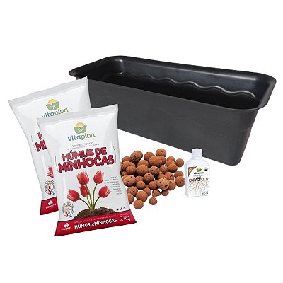 Kit Jardineira 44cm Preto Completo + 4kg de Húmus + Argila Expandida + Fertilizante 140ml Enraizador