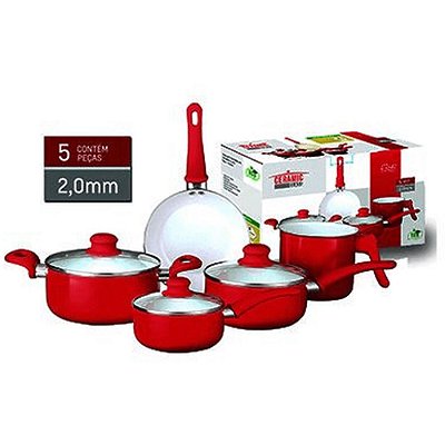 Jogo de Panelas com Revestimento Cerâmico 5 Peças Vermelho