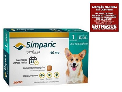 Antipulgas Simparic 40 mg para cães 10,1 a 20 kg - Zoetis