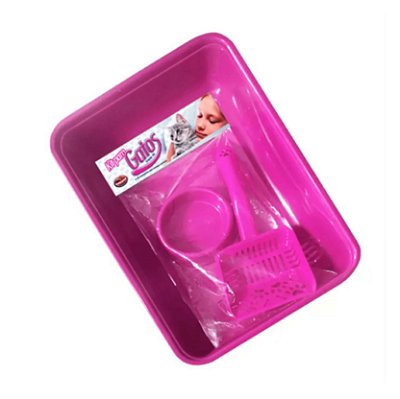 Kit para Gatos 3 Peças Bandeja Pá Higiênica e Comedouro Rosa Furacão Pet